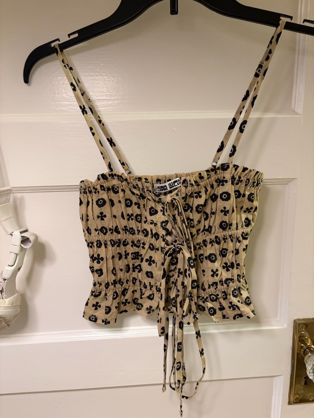 Ciao Lucia Beige Floral Smocked Cami with Black Print and Tie